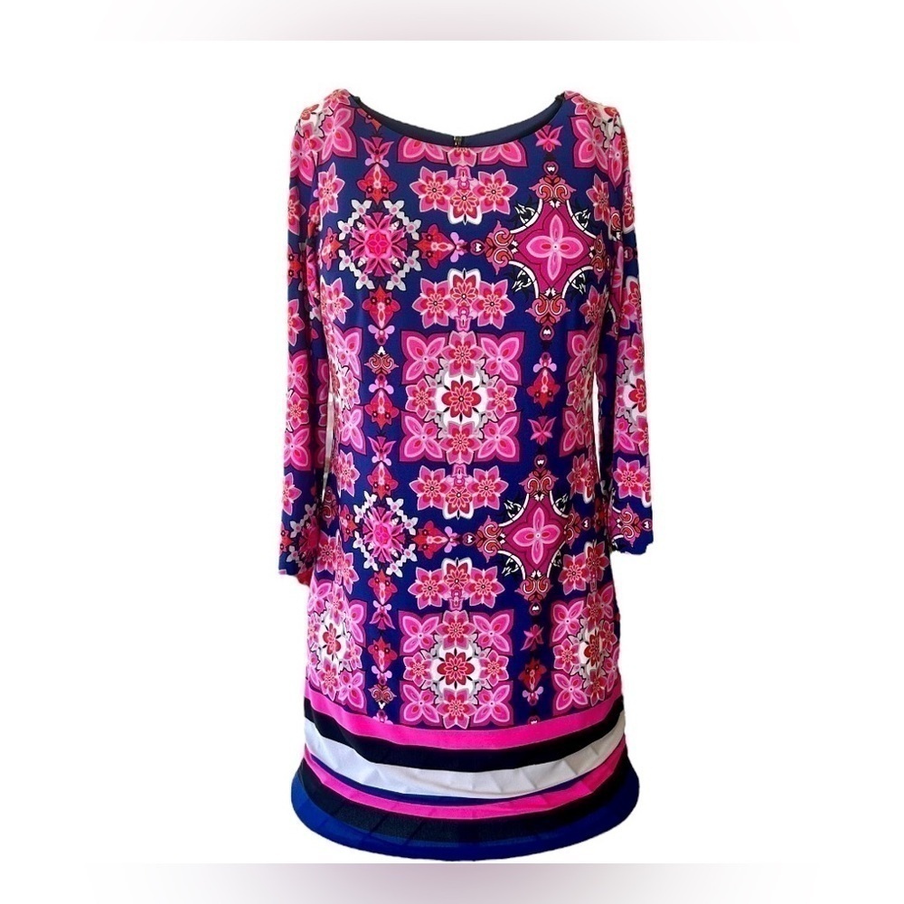 VINCE CAMUTO, WOMENS, COLORFUL PINK/NAVY FLORAL DRESS WITH ROUND NECK. SIZE 2